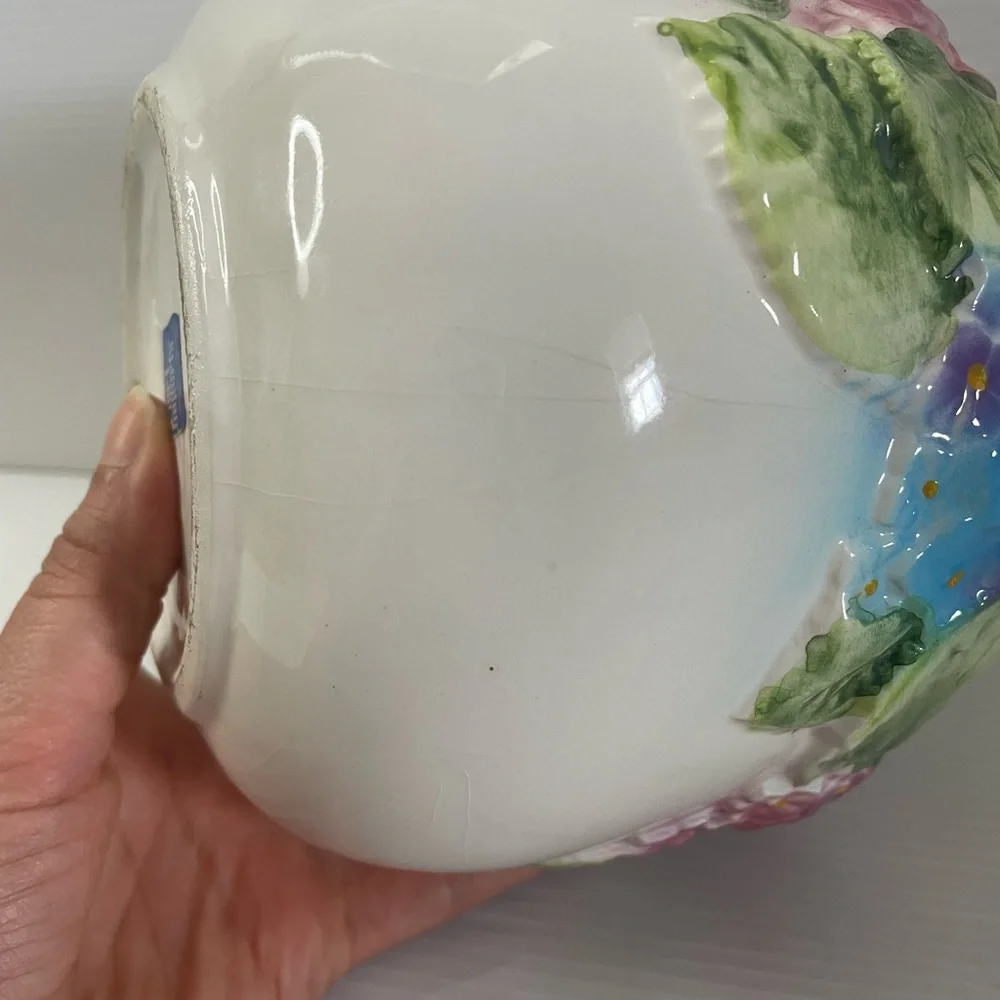 Vintage Pier One Pink Blue Hydrangea Floral Ceramic Planter 5”